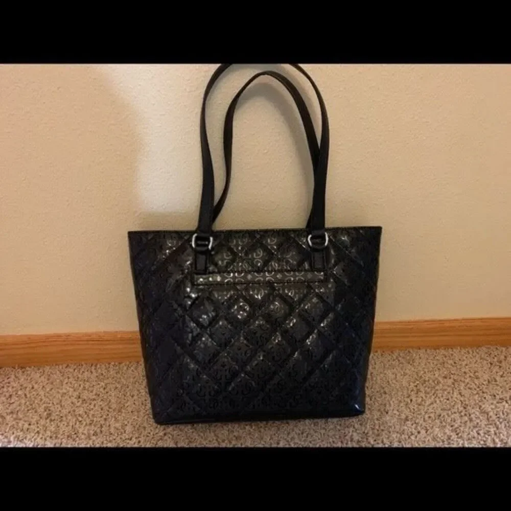 GUESS Black Quilted Logo Tote Bag NWOT Monogram Patent Shoulder Bag